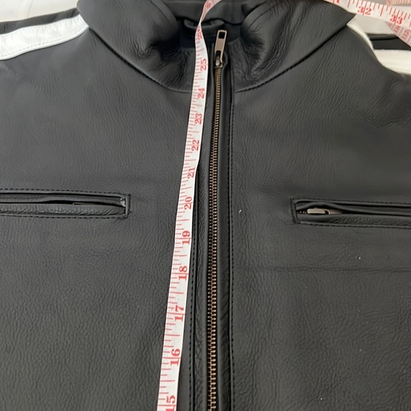 *CUSTOM* Mens Black Cafe Racer Leather Jacket With White Stripes Size L - Picture 12 of 15